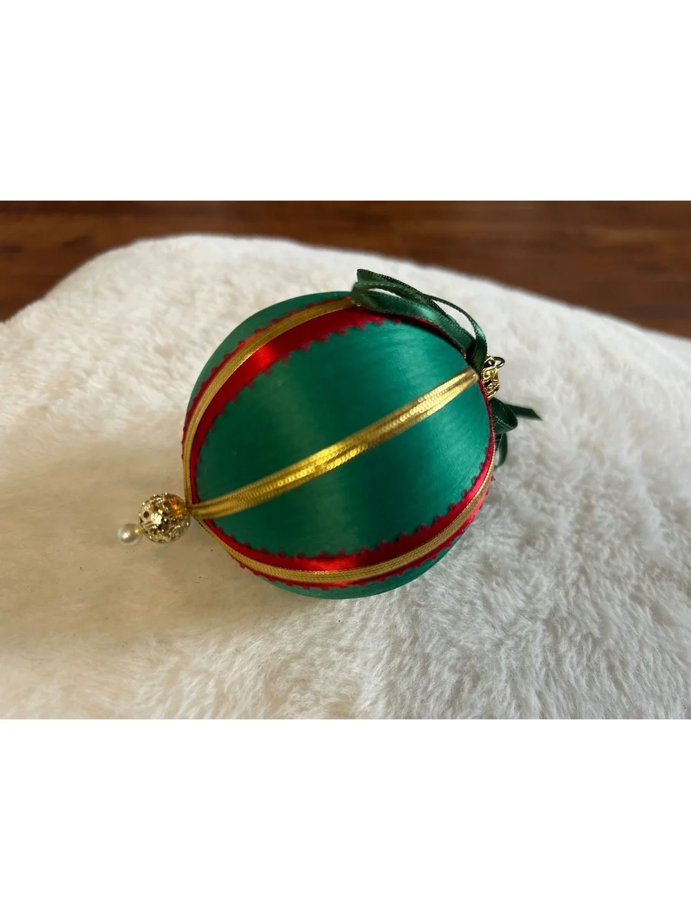 Vintage Green and Red Satin Christmas Ornament with Gold Trim and Pearl Accent